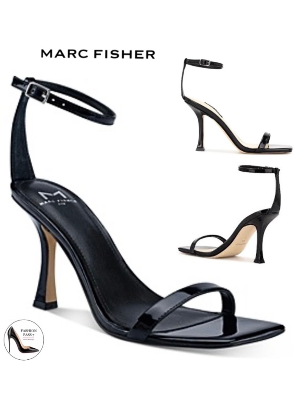 MARC FISHER Jalina Black Patent Leather Square Toe Ankle Strap High Heel Sandals